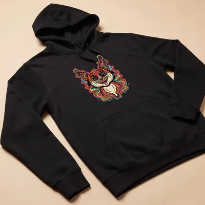 Psychedelic cat portrait in vibrant pink, orange, blue, green, and purple colors — printed on a unisex hoodie