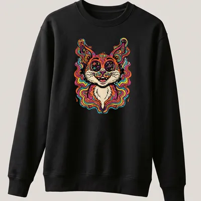Psychedelic cat portrait in vibrant pink, orange, blue, green, and purple colors — printed on a unisex sweatshirt