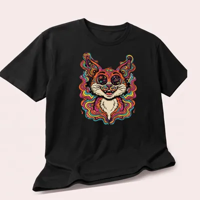 Psychedelic cat portrait in vibrant pink, orange, blue, green, and purple colors — printed on a unisex t-shirt (angled view)
