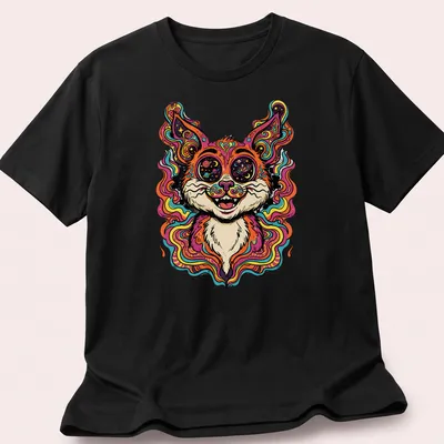 Psychedelic cat portrait in vibrant pink, orange, blue, green, and purple colors