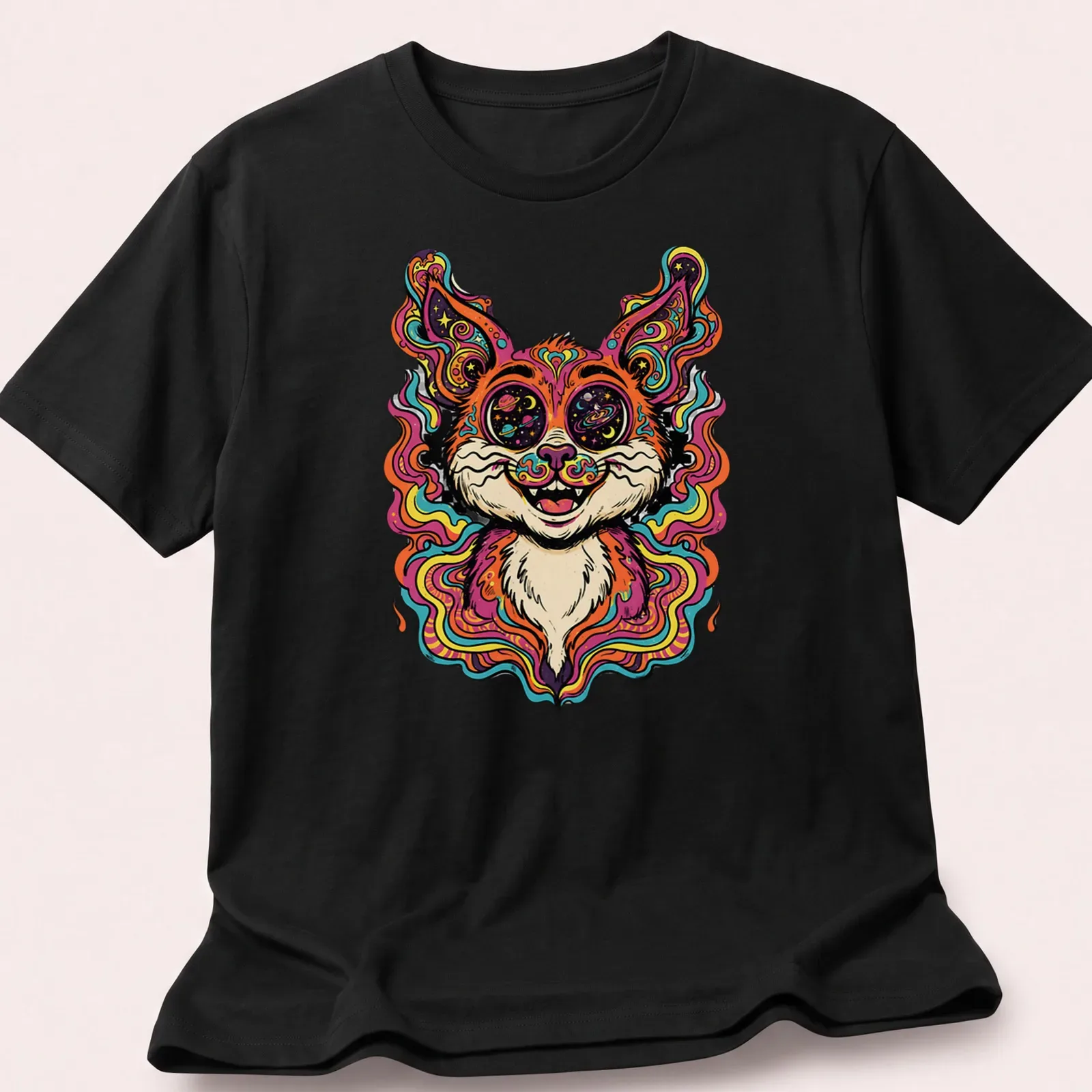 Psychedelic cat portrait in vibrant pink, orange, blue, green, and purple colors — printed on a unisex t-shirt
