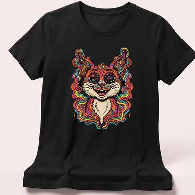 Psychedelic cat portrait in vibrant pink, orange, blue, green, and purple colors — printed on a women's shirt