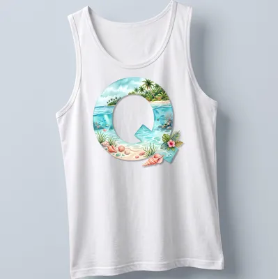 Watercolor monogram Q with seashells in a tropical scene — printed on a tank top