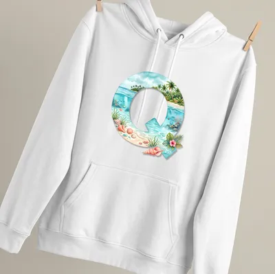 Watercolor monogram Q with seashells in a tropical scene — printed on a unisex hoodie