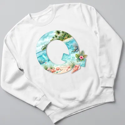 Watercolor monogram Q with seashells in a tropical scene — printed on a unisex sweatshirt