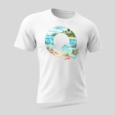 Watercolor monogram Q with seashells in a tropical scene — printed on a unisex t-shirt (angled view)