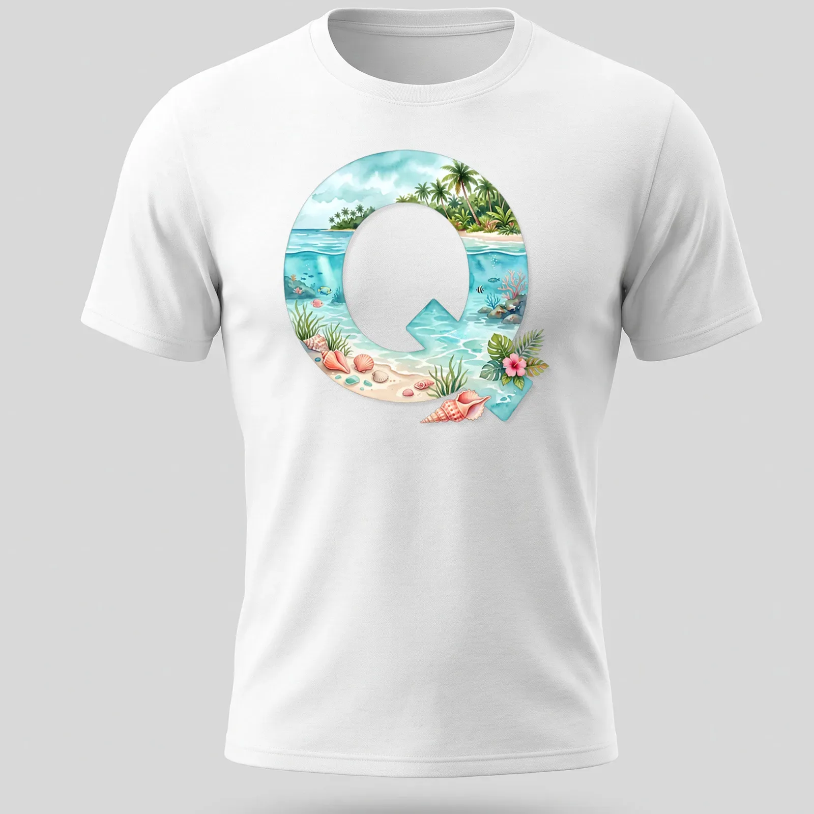 Watercolor monogram Q with seashells in a tropical scene — printed on a unisex t-shirt