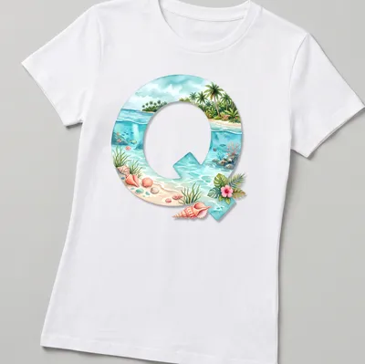 Watercolor monogram Q with seashells in a tropical scene — printed on a women's shirt
