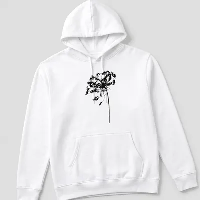 Silhouette of Queen Anne's Lace wildflower in black on white background — printed on a unisex hoodie