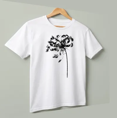 Silhouette of Queen Anne's Lace wildflower in black on white background — printed on a unisex t-shirt (angled view)