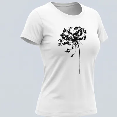 Silhouette of Queen Anne's Lace wildflower in black on white background — printed on a women's shirt
