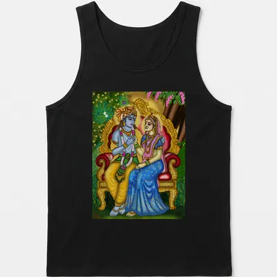 Digital painting of Radha and Krishna in vibrant colors — printed on a tank top