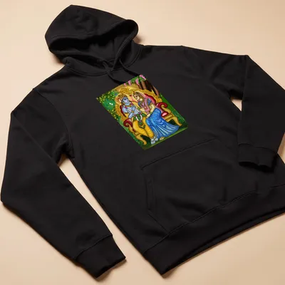 Digital painting of Radha and Krishna in vibrant colors — printed on a unisex hoodie