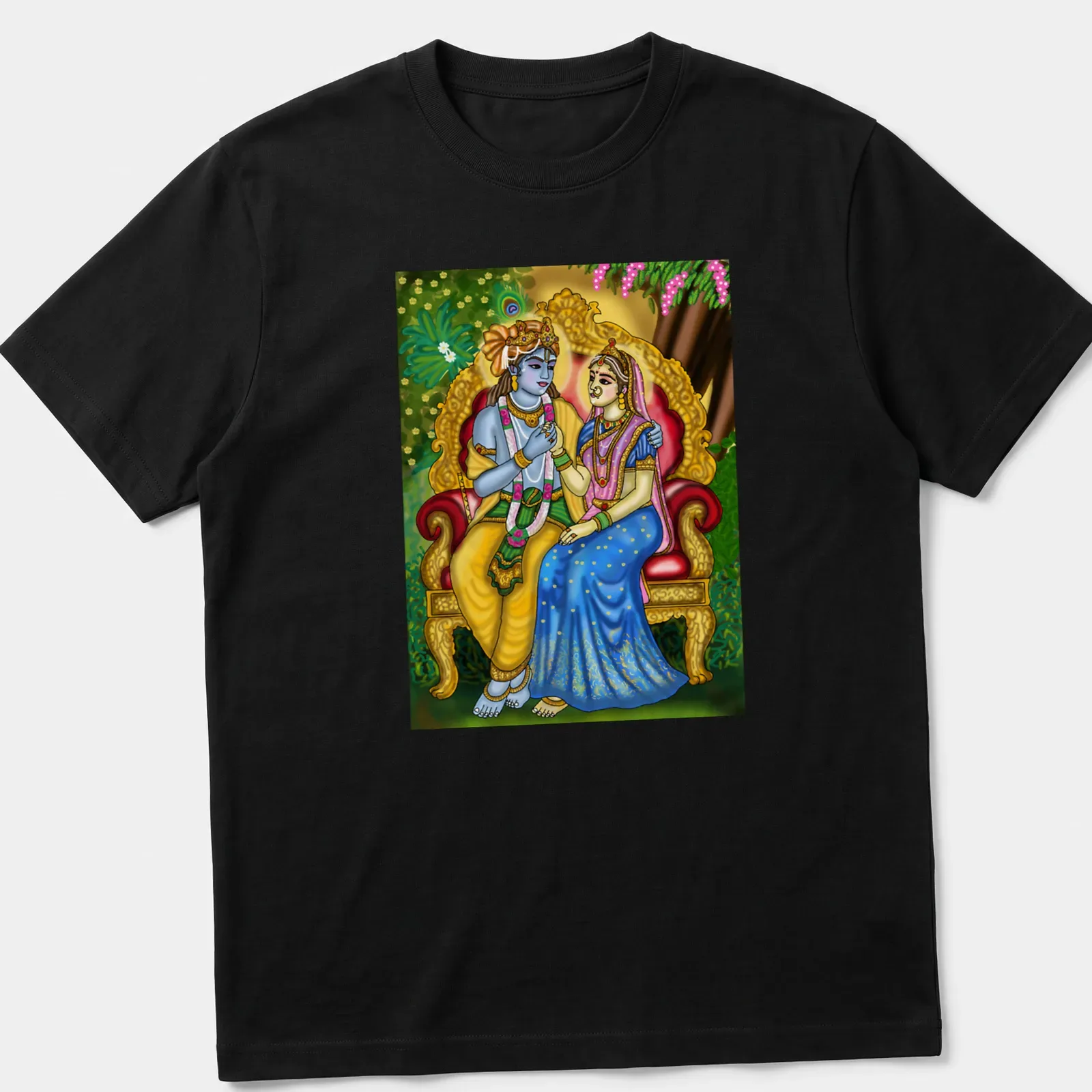 Digital painting of Radha and Krishna in vibrant colors — printed on a unisex t-shirt