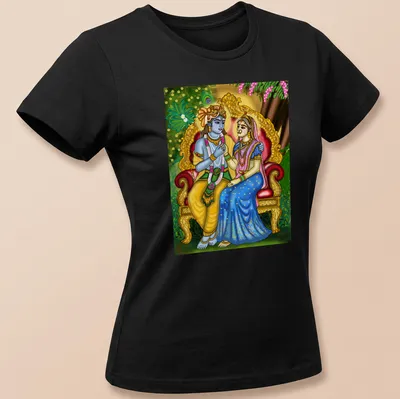 Digital painting of Radha and Krishna in vibrant colors — printed on a women's shirt
