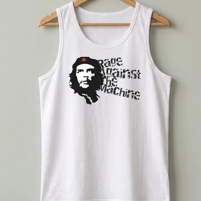 Bold graphic of Che Guevara with Rage Against the Machine text in black, red, and white — printed on a tank top