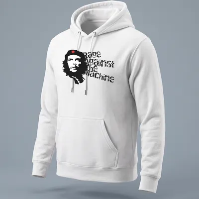 Bold graphic of Che Guevara with Rage Against the Machine text in black, red, and white — printed on a unisex hoodie