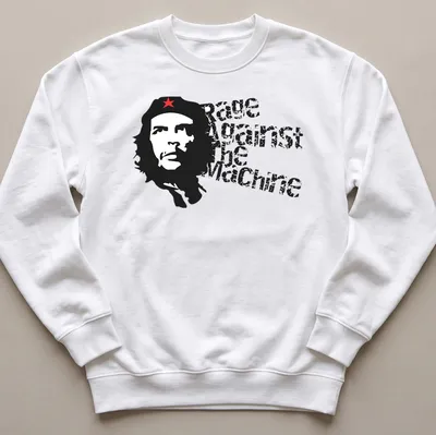 Bold graphic of Che Guevara with Rage Against the Machine text in black, red, and white — printed on a unisex sweatshirt