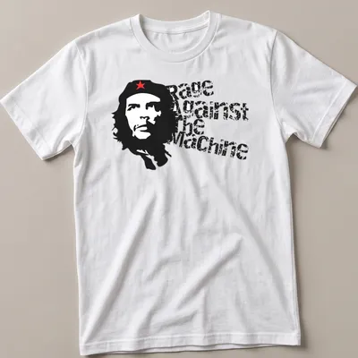 Bold graphic of Che Guevara with Rage Against the Machine text in black, red, and white — printed on a unisex t-shirt