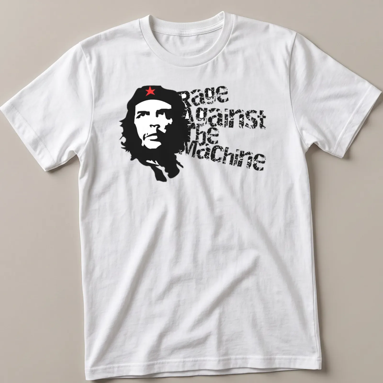 Bold graphic of Che Guevara with Rage Against the Machine text in black, red, and white — printed on a unisex t-shirt