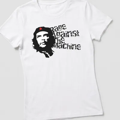Bold graphic of Che Guevara with Rage Against the Machine text in black, red, and white — printed on a women's shirt