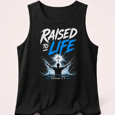 Illustrative baptism T-shirt with a person, cross, and splash effects in blue and white — printed on a tank top
