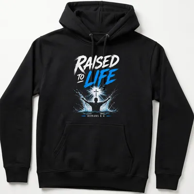 Illustrative baptism T-shirt with a person, cross, and splash effects in blue and white — printed on a unisex hoodie