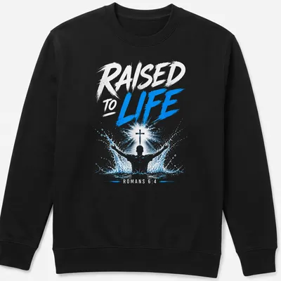 Illustrative baptism T-shirt with a person, cross, and splash effects in blue and white — printed on a unisex sweatshirt