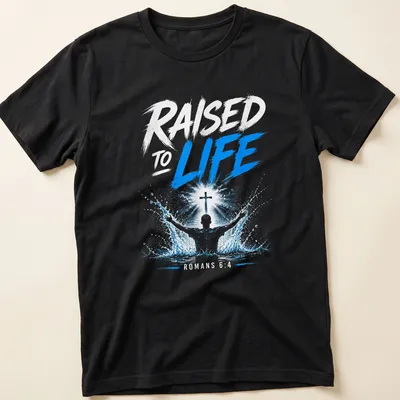 Illustrative baptism T-shirt with a person, cross, and splash effects in blue and white