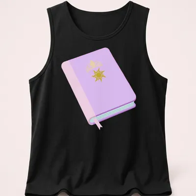Kawaii design featuring a book and the name Rapunzel in playful text. — printed on a tank top