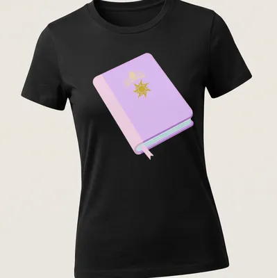 Kawaii design featuring a book and the name Rapunzel in playful text. — printed on a women's shirt
