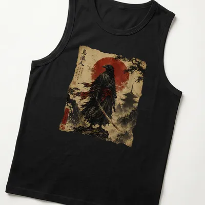 Japanese Scroll Art of a Raven Samurai with katana against a red sun and mountain backdrop — printed on a tank top