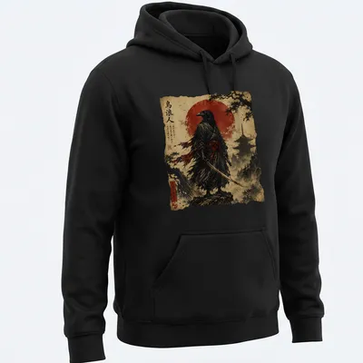 Japanese Scroll Art of a Raven Samurai with katana against a red sun and mountain backdrop — printed on a unisex hoodie