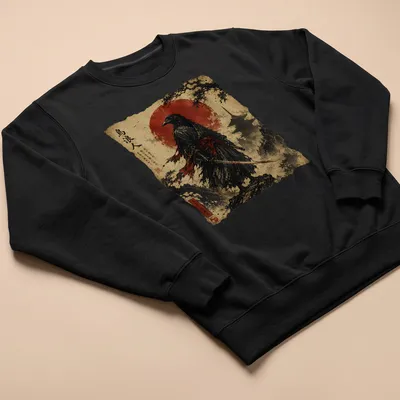 Japanese Scroll Art of a Raven Samurai with katana against a red sun and mountain backdrop — printed on a unisex sweatshirt