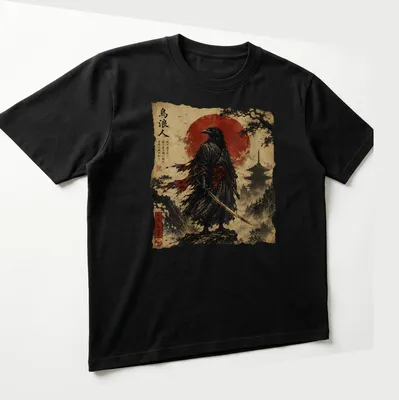 Japanese Scroll Art of a Raven Samurai with katana against a red sun and mountain backdrop — printed on a unisex t-shirt (angled view)