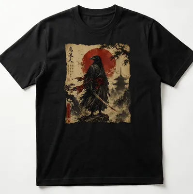 Japanese Scroll Art of a Raven Samurai with katana against a red sun and mountain backdrop