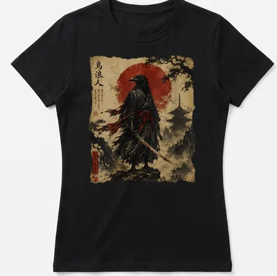 Japanese Scroll Art of a Raven Samurai with katana against a red sun and mountain backdrop — printed on a women's shirt