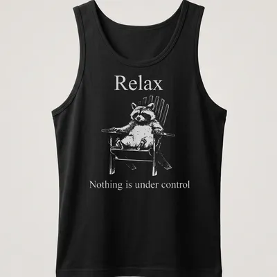 Vintage illustration of a funny raccoon with humorous text about control — printed on a tank top