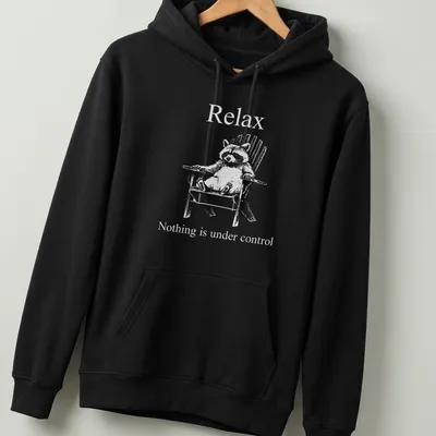 Vintage illustration of a funny raccoon with humorous text about control — printed on a unisex hoodie