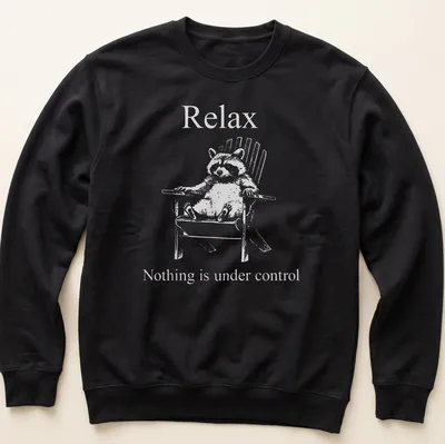Vintage illustration of a funny raccoon with humorous text about control — printed on a unisex sweatshirt