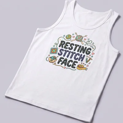 Colorful whimsical design featuring crochet yarn and knitting tools with text 'Resting Stitch Face' — printed on a tank top