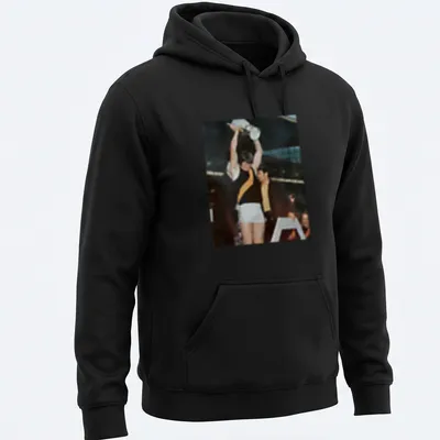 Photographic print of Royce Hart holding a trophy in team colors. — printed on a unisex hoodie