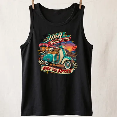 Retro graphic tee with NRH Scooter Club and a classic scooter in vibrant colors — printed on a tank top