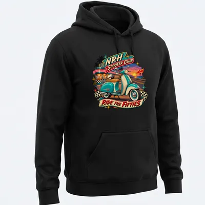 Retro graphic tee with NRH Scooter Club and a classic scooter in vibrant colors — printed on a unisex hoodie