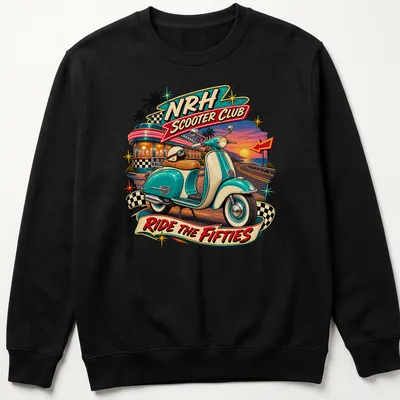 Retro graphic tee with NRH Scooter Club and a classic scooter in vibrant colors — printed on a unisex sweatshirt