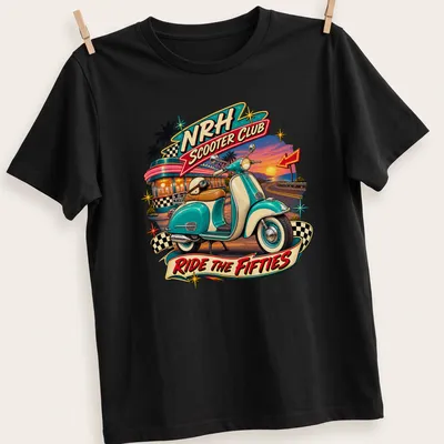 Retro graphic tee with NRH Scooter Club and a classic scooter in vibrant colors