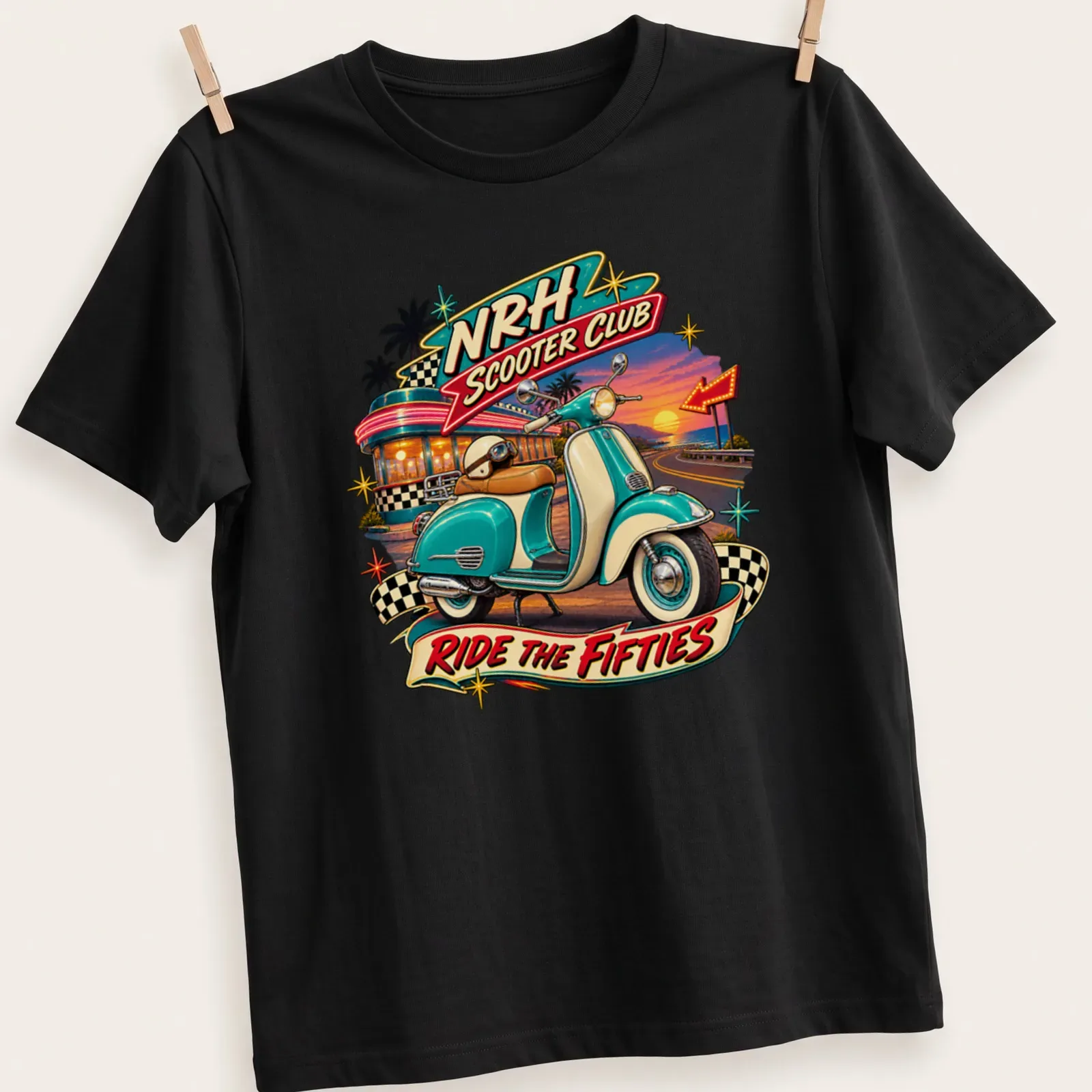 Retro graphic tee with NRH Scooter Club and a classic scooter in vibrant colors — printed on a unisex t-shirt