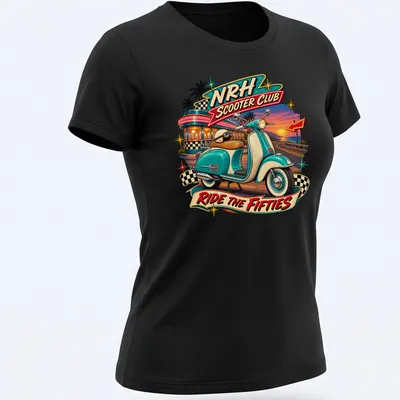 Retro graphic tee with NRH Scooter Club and a classic scooter in vibrant colors — printed on a women's shirt