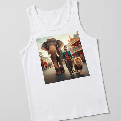 Vintage circus scene with a ringmaster, elephant, and lion, featuring colorful details — printed on a tank top