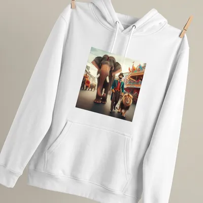 Vintage circus scene with a ringmaster, elephant, and lion, featuring colorful details — printed on a unisex hoodie